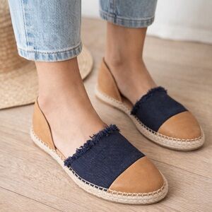 Vintage 7 Eight Kaitlin Espadrilles Tan Blue Slip On Flats Preppy Coastal